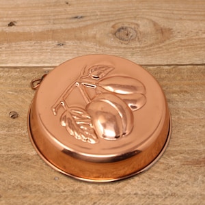 Vintage Round Tin Lined Copper Jelly Mold - Peach / Plum Design