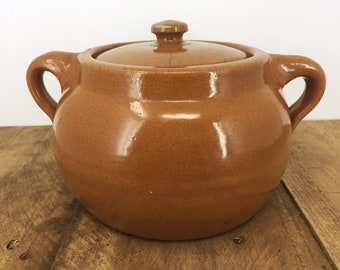 Ceramics Lidded Handled Bean Pot with Brown Glaze