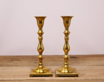 Set of Brass Candlestick Holders with Square Bases