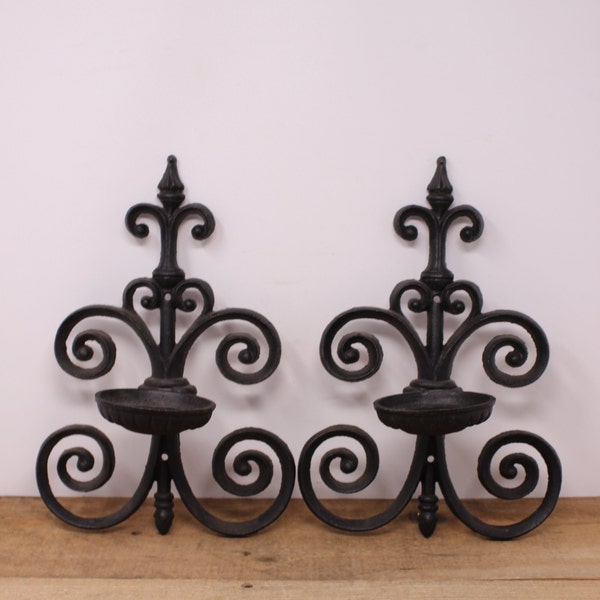 2 Vintage Black Forged Iron Wall Pillar Candle Holders