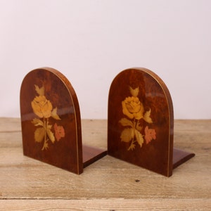 Set of Vintage Inlaid Wood Floral Hinged Bookends