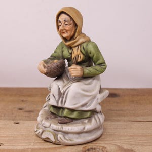 Vintage Old Woman with Vegetable Basket Bisque Figurine