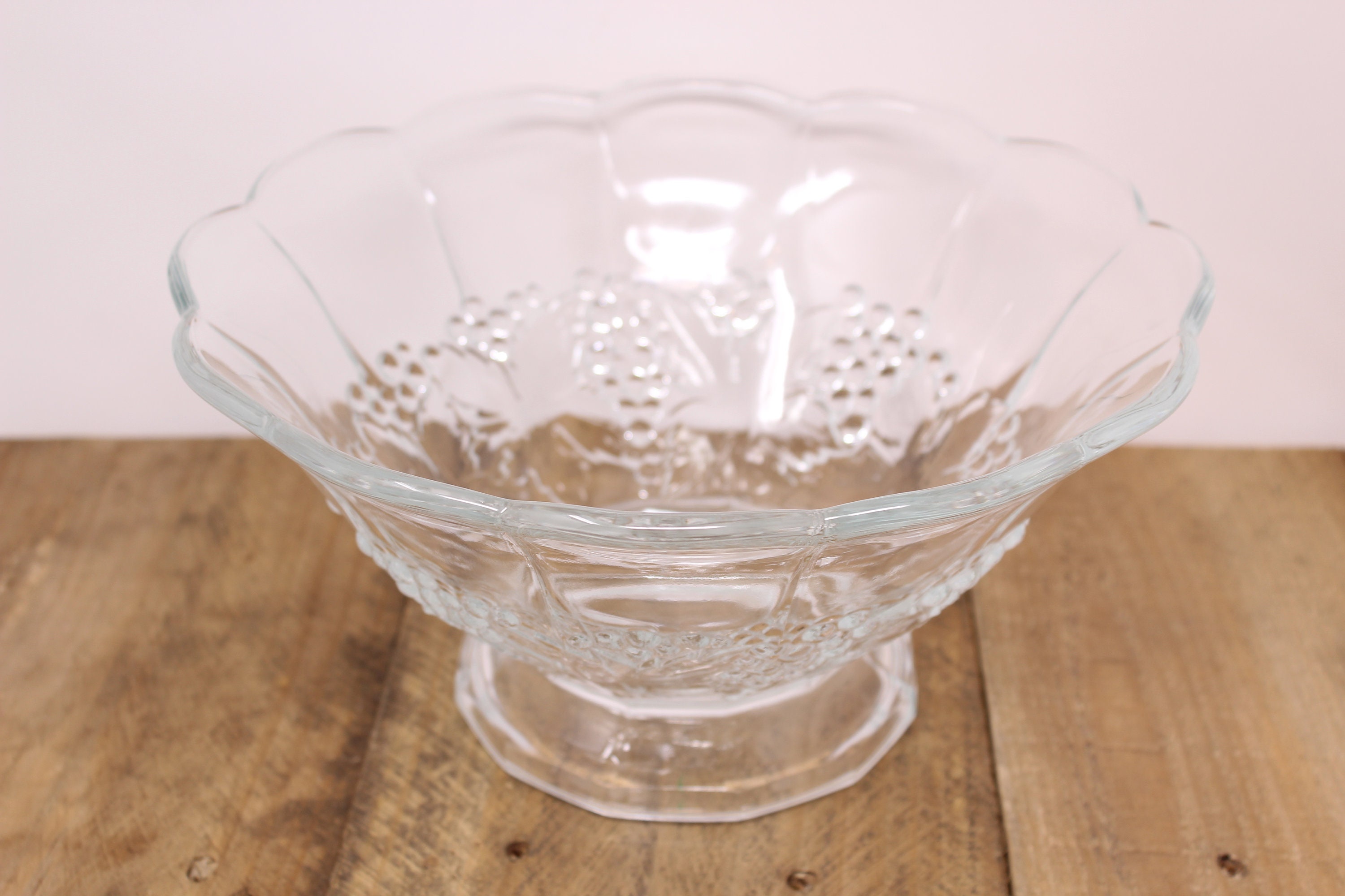 Clear Glass Footed Salad Bowl With Embossed Grape Design Etsy