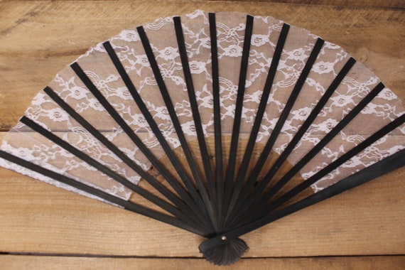12"  Folding Black Bamboo & White Lace Hand Fan /… - image 2