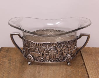 Vintage Holland Ware Ornate Repoussé Holder Dish Silver with Etched Glass Insert - Sheffield