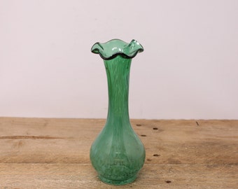 Vintage Green Splatter Blown Art Glass Vase with Ruffled Neck