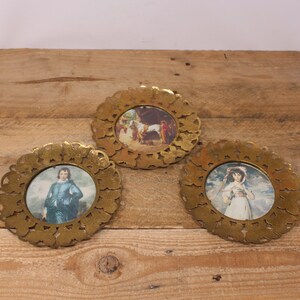 3 Small Vintage Brass Wall Plates - &quot;Blue Boy&quot;  Portrait by Gainsborough & &quot;Pinkie&quot; by Sir Thomas Lawrence - Wall Decor Plates