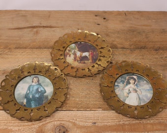 3 Small Vintage Brass Wall Plates - "Blue Boy"  Portrait by Gainsborough & "Pinkie" by Sir Thomas Lawrence - Wall Decor Plates