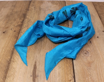 Turquoise Silk Scarf with Navy / Green Floral Design