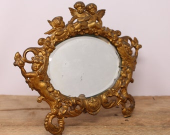 Antique Art Nouveau Gilt Cast Iron Table-Top Mirror - Cherub Design 308