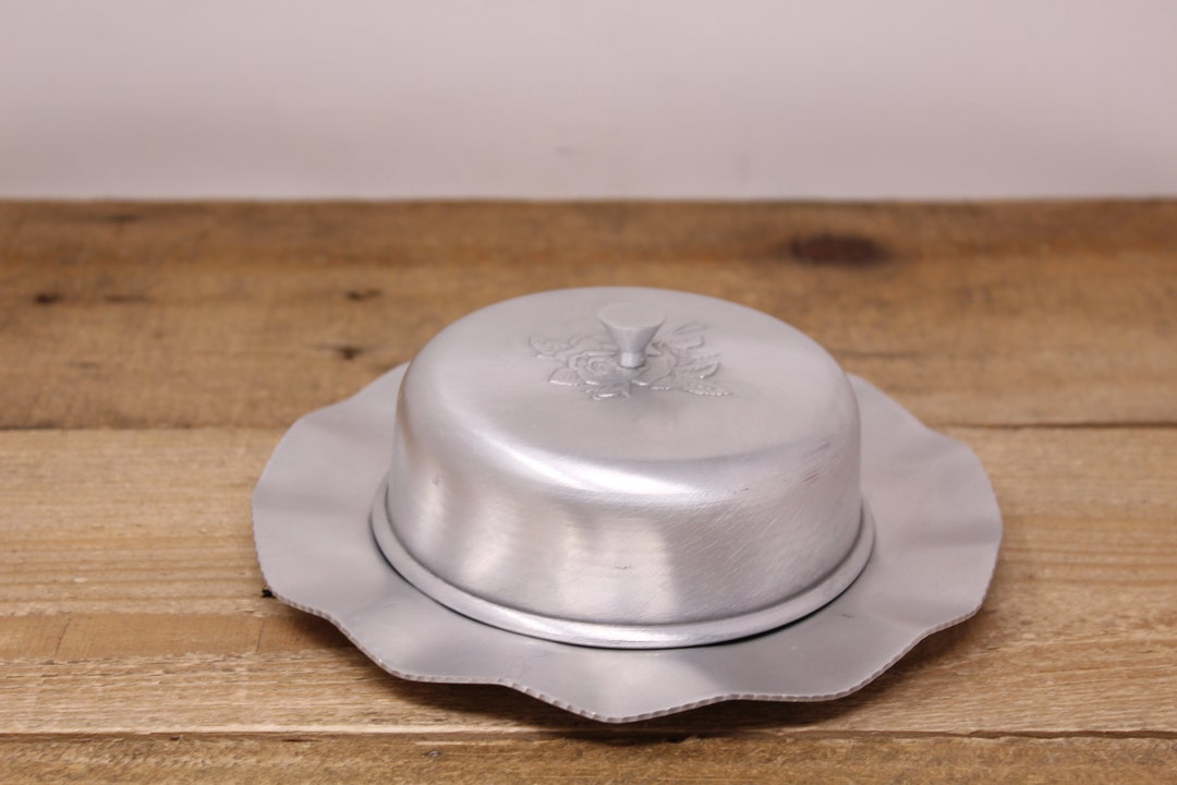 Vintage Round Aluminum Butter Dish With Glass Insert and Rose Design Etsy
