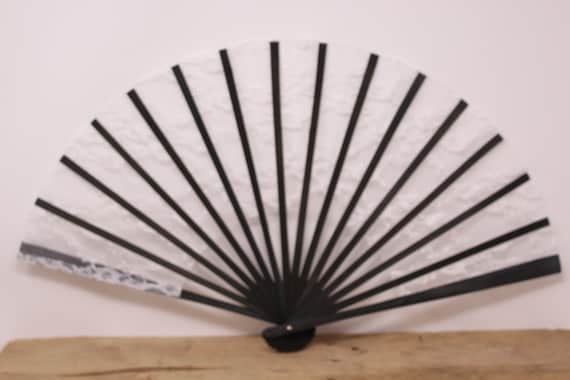 12"  Folding Black Bamboo & White Lace Hand Fan /… - image 1