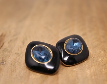 Vintage Diamond Shape Black Clip-On Earrings with Blue Rhinestone