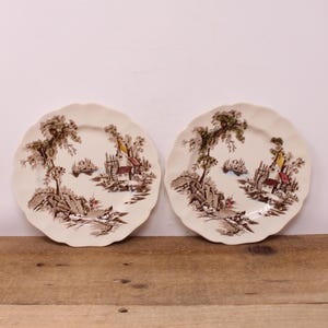 2 Vintage &quot;The Old Mill&quot; - Brown Multicolor - Bread & Butter Plates / Side Plates - by Johnson Brothers - England