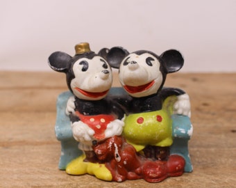 Vintage 1930s Walt Disney Mickey & Minnie Mouse Cuddling on a Couch with Pluto Figurine - 5335