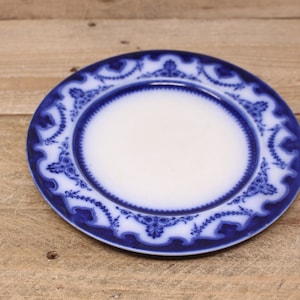 May include: A blue and white porcelain plate with a decorative floral border. The plate is round and has a white center.