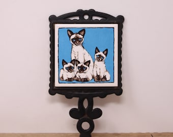 Vintage Cast Iron / Ceramic - Siamese Cat Design - Hot Plate Trivet / Wall Hanging