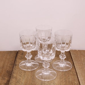 4 Vintage Luminarc Vertical Cut Glass Cordial / Sherry Glasses - with Hexagonal Wafer Stem