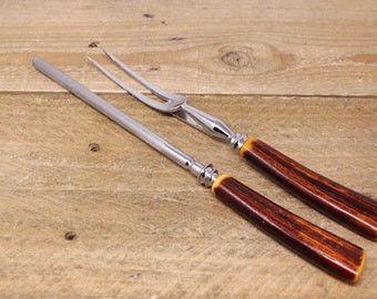Vintage Sharpening Steel and Meat Fork with Orange / Red Bakelite Handle