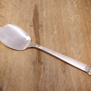 May include: A silver serving spoon with a wide, curved bowl and a long, slender handle. The handle features decorative floral and scrollwork near the bowl and at the end. The spoon rests on a rustic wooden surface.