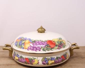 Vintage 2.5 Qt. Enameled Dutch Oven - Cornucopia Design / Fruit Design