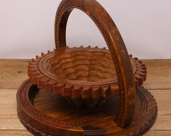 Vintage Collapsible Wooden Basket - Sunburst and Floral Design
