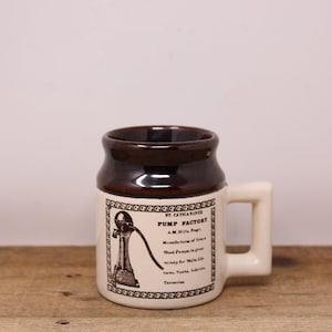 May include: A brown and white ceramic mug with a handle. The mug features a graphic of a pump with the text "St. Catharines Pump Factory A.M. Mills, Prop. Manufacturer of Iron & Wood Pumps for every service in Wells, City, Farm, Tanks, etc.  Toronto, Canada".