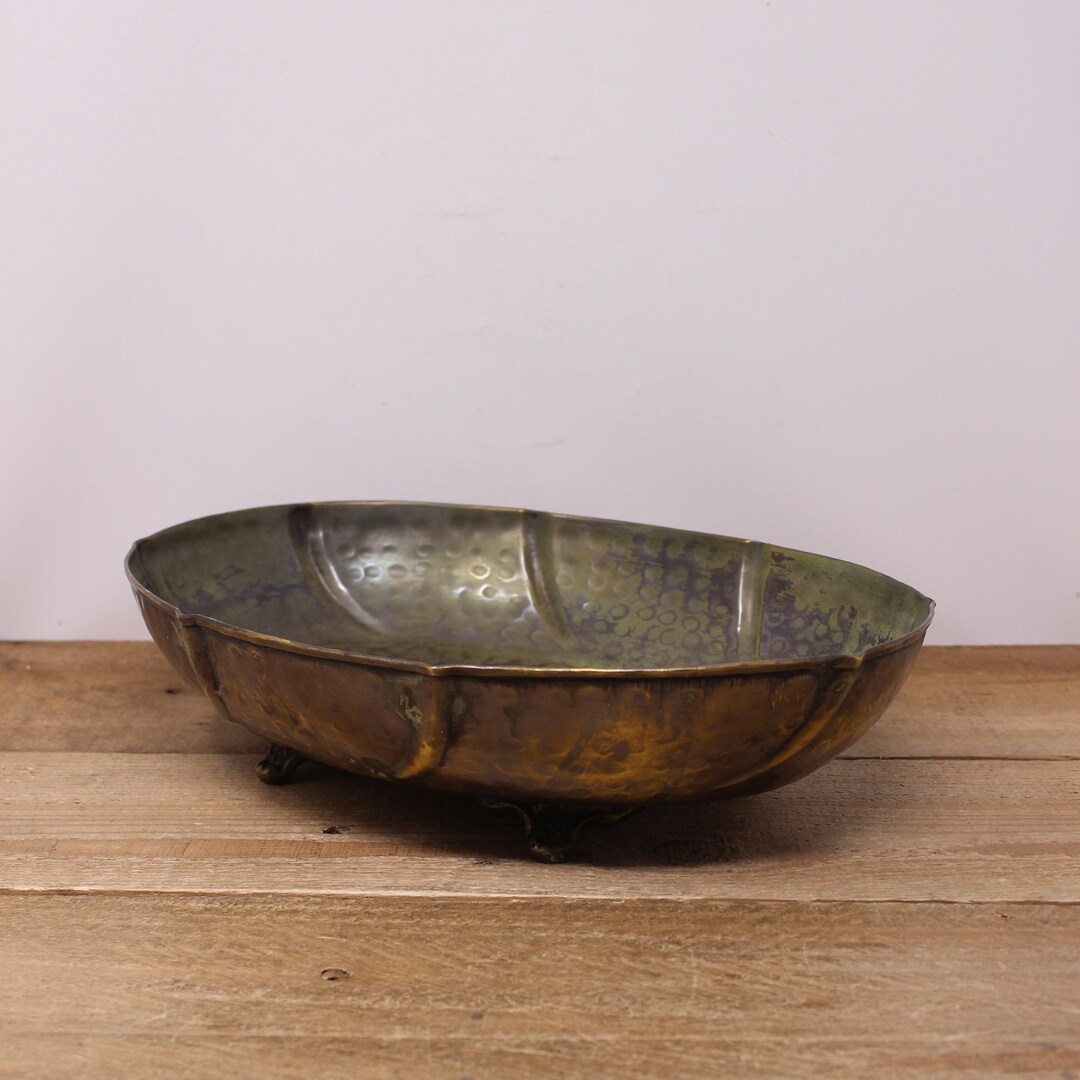 Vintage Hammered Brass Footed Oval Bowl Etsy