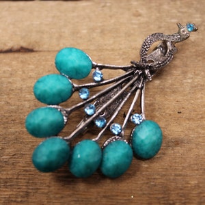 Vintage Silver Tone & Turquoise Colored Peacock Brooch