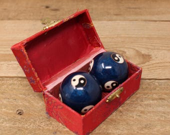 Set of Small Chinese Musical Metal Massage Balls in Red Fabric Box
