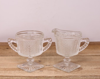 Vintage Pressed Clear Glass Pedestal Creamer & Handled Sugar Bowl Set