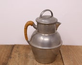 Vintage Colonial Pewter Lidded Pitcher with Rattan Wicker Wrapped Handle