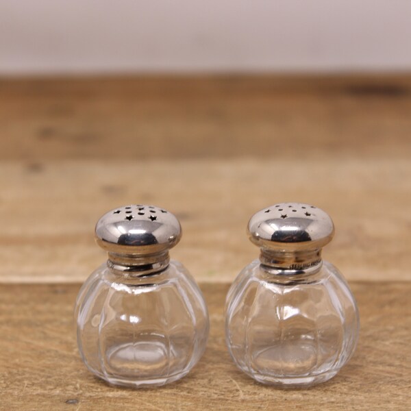 Set of Small Vintage Sterling Cap Crystal Salt & Pepper Shakers - Moon and Star Holes