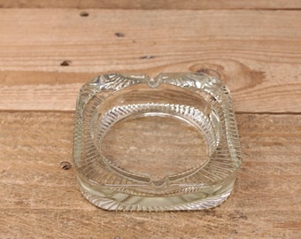 Vintage Clear Square Glass Ashtray - Ribbed Design