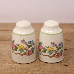 May include: A pair of white ceramic salt and pepper shakers with a floral design. The shakers have a green band around the top and a floral pattern with butterflies on the bottom.