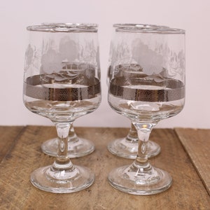 4 Elegant Bucket Bowl Sherry / Port / Dessert Wine Glasses with Etched Floral Design with Silver Color Band