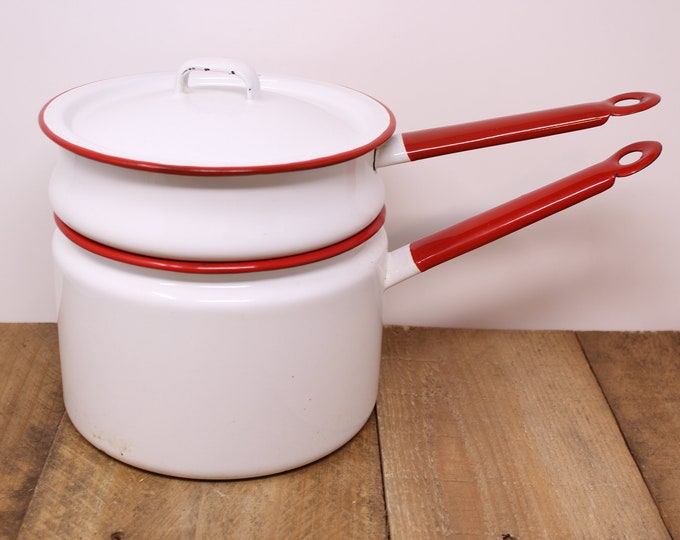 White Enamel Double Boiler With Red Rim Etsy