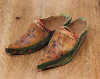 Vintage Carved Painted Miniature Dutch Wooden Shoes - Klompen