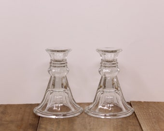 2 Pressed Glass Candlesticks / Glass Taper Candle Holders