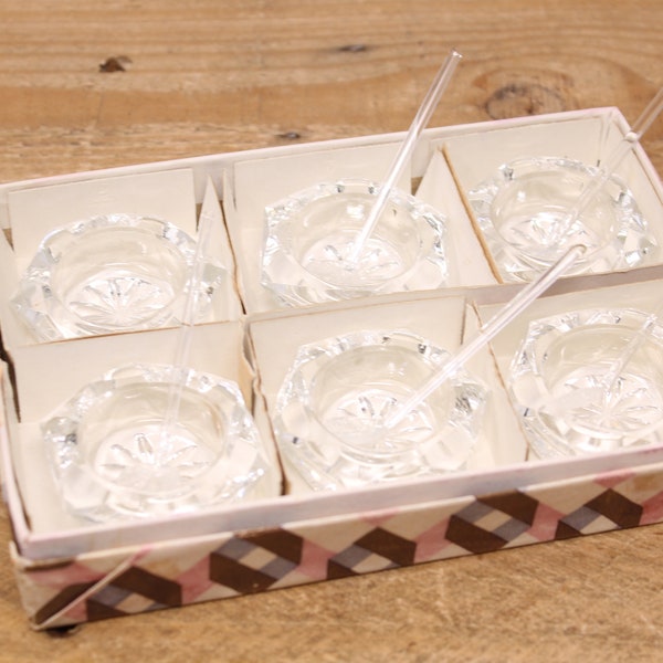 6 Crystal Hexagonal Salt Cellars with 5 Glass Spoons