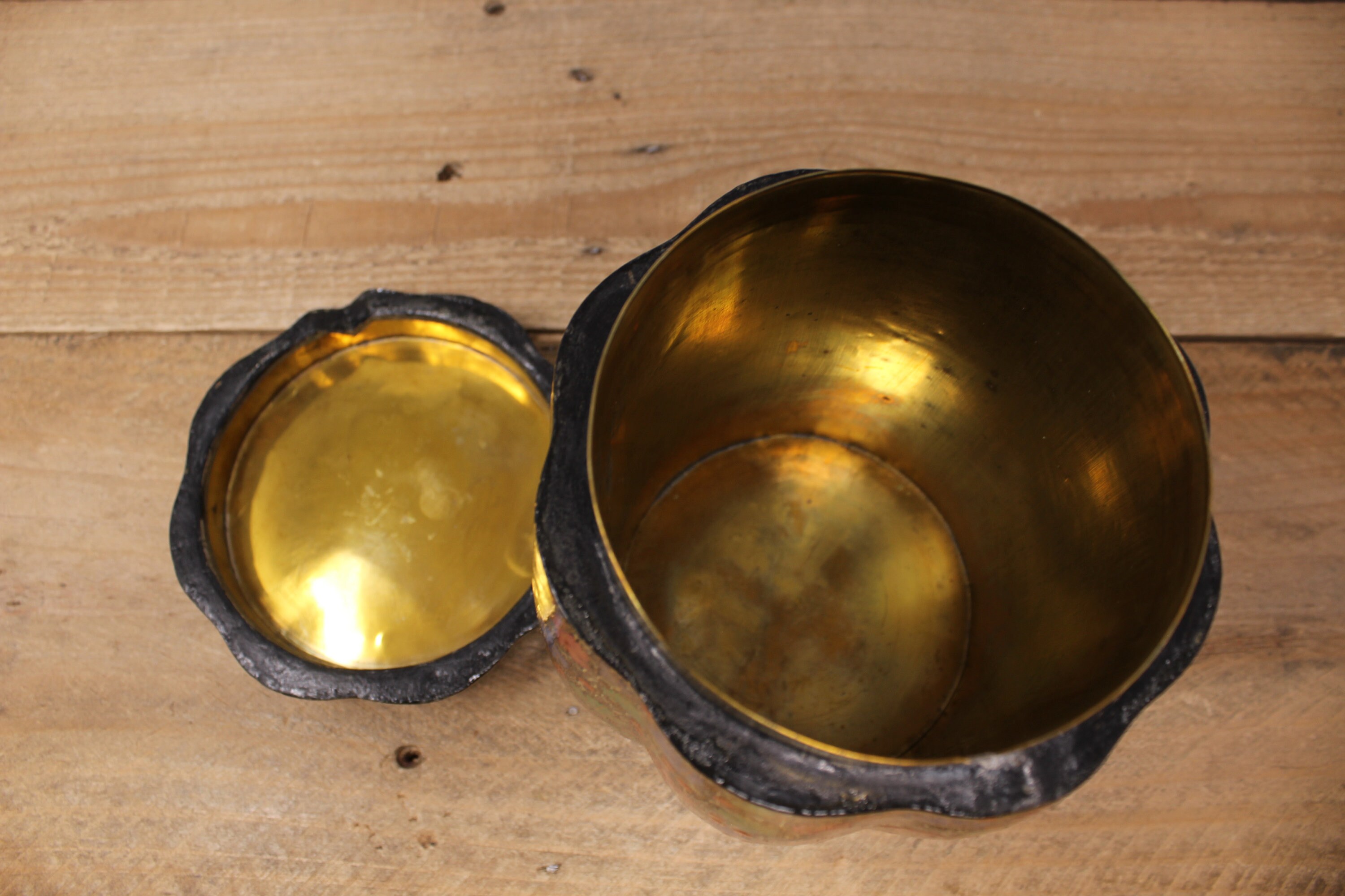 Vintage Round Kashmir Mache Brass Lined Tobacco Jar