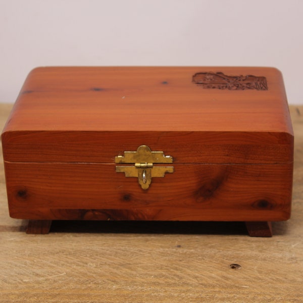 Vintage Small Cedar Box with Lid - Carved Fishing Scene