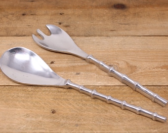 Vintage Bamboo Design Aluminum Salad Serving Set