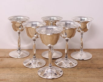 6 Vintage Victorian Plate Hammered Silver Plate Wine Goblets.