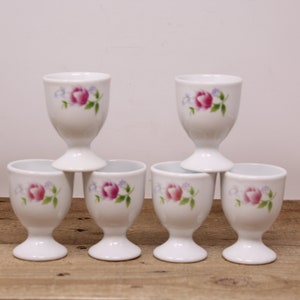 6 White Porcelain Egg Cups with Painted Pink Flowers