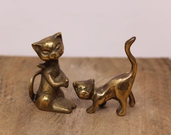 2 Vintage Solid Brass Cat Figurines