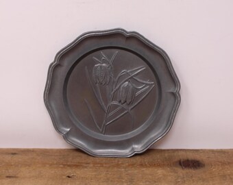 Vintage Pewter Wall Decor Plate 6.25" - Floral Design - Angel Touch Mark - Germany