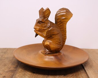 Vintage Carved Squirrel  Wooden Nut Bowl / Stand - Nut Cracker Holder - GDR