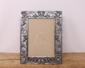 Vintage Pewter Color -  Floral Design Picture Frame - 5" x 7" Photo Frame