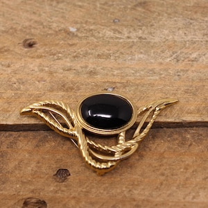 Vintage Large Butler Gold Tone Art-Deco Brooch with Black Glass Stone - Costume Jewelry Brooch
